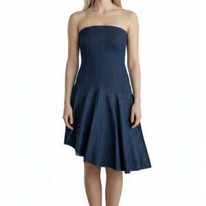 Zara Dark Blue Denim Strapless Asymmetric Dress Size Large
